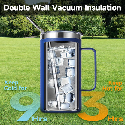 Volhoply 22oz Insulated Stainless Steel Coffee Mug with Leakproof Lid,Double Wall Vacuum Travel Coffee Cup with Handle,Reusable Metal Tumbler,Camping Mugs Keep Hot&Cold(Gray,1)