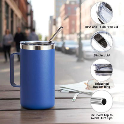 Volhoply 22oz Insulated Stainless Steel Coffee Mug with Leakproof Lid,Double Wall Vacuum Travel Coffee Cup with Handle,Reusable Metal Tumbler,Camping Mugs Keep Hot&Cold(Gray,1)