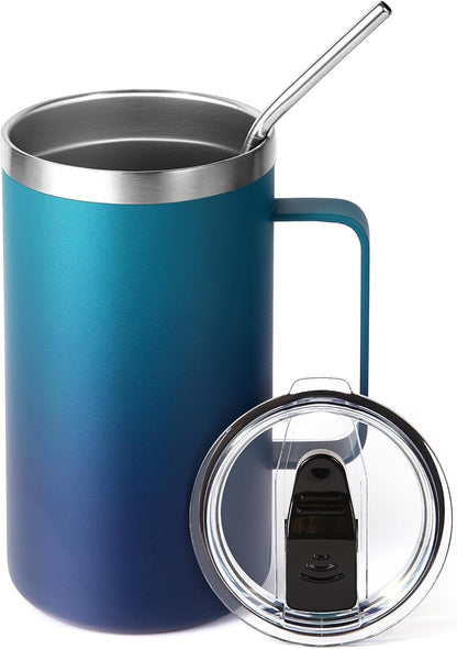 Volhoply 22oz Insulated Stainless Steel Coffee Mug with Leakproof Lid,Double Wall Vacuum Travel Coffee Cup with Handle,Reusable Metal Tumbler,Camping Mugs Keep Hot&Cold(Gray,1)