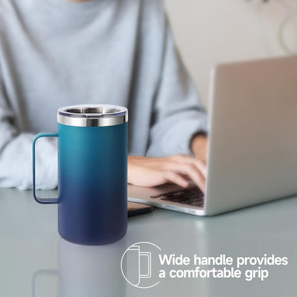Volhoply 22oz Insulated Stainless Steel Coffee Mug with Leakproof Lid,Double Wall Vacuum Travel Coffee Cup with Handle,Reusable Metal Tumbler,Camping Mugs Keep Hot&Cold(Gray,1)
