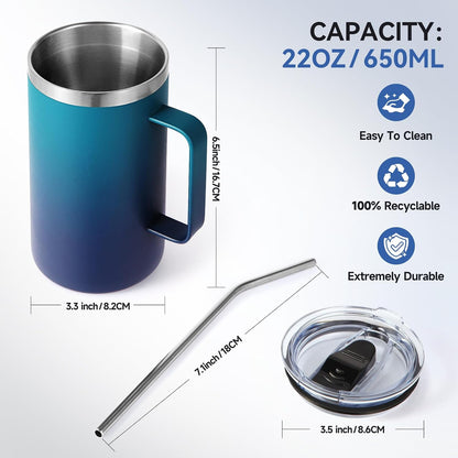 Volhoply 22oz Insulated Stainless Steel Coffee Mug with Leakproof Lid,Double Wall Vacuum Travel Coffee Cup with Handle,Reusable Metal Tumbler,Camping Mugs Keep Hot&Cold(Gray,1)