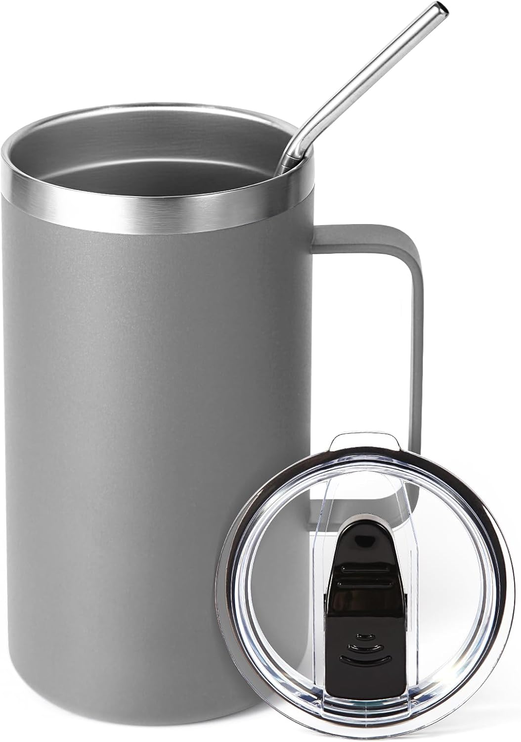 Volhoply 22oz Insulated Stainless Steel Coffee Mug with Leakproof Lid,Double Wall Vacuum Travel Coffee Cup with Handle,Reusable Metal Tumbler,Camping Mugs Keep Hot&Cold(Gray,1)