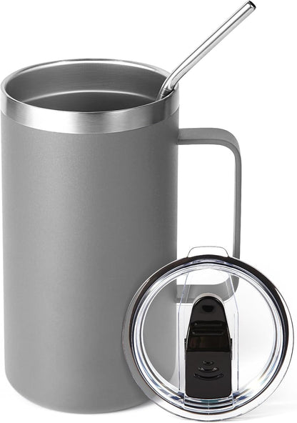 Volhoply 22oz Insulated Stainless Steel Coffee Mug with Leakproof Lid,Double Wall Vacuum Travel Coffee Cup with Handle,Reusable Metal Tumbler,Camping Mugs Keep Hot&Cold(Gray,1)