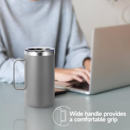 Volhoply 22oz Insulated Stainless Steel Coffee Mug with Leakproof Lid,Double Wall Vacuum Travel Coffee Cup with Handle,Reusable Metal Tumbler,Camping Mugs Keep Hot&Cold(Gray,1)