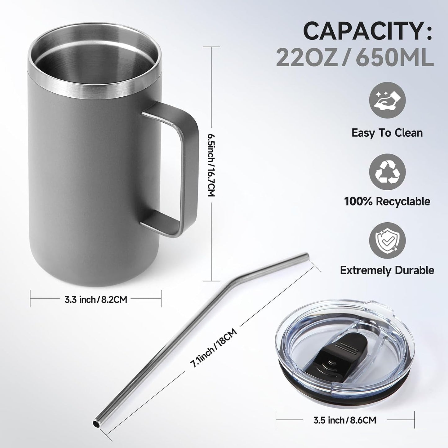 Volhoply 22oz Insulated Stainless Steel Coffee Mug with Leakproof Lid,Double Wall Vacuum Travel Coffee Cup with Handle,Reusable Metal Tumbler,Camping Mugs Keep Hot&Cold(Gray,1)