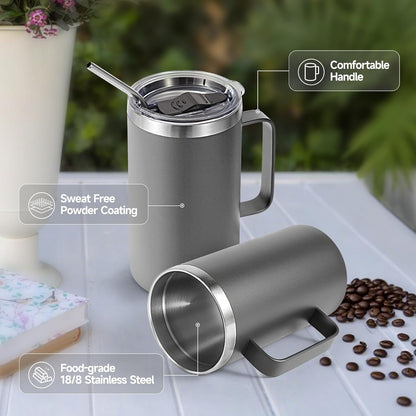 Volhoply 22oz Insulated Stainless Steel Coffee Mug with Leakproof Lid,Double Wall Vacuum Travel Coffee Cup with Handle,Reusable Metal Tumbler,Camping Mugs Keep Hot&Cold(Gray,1)