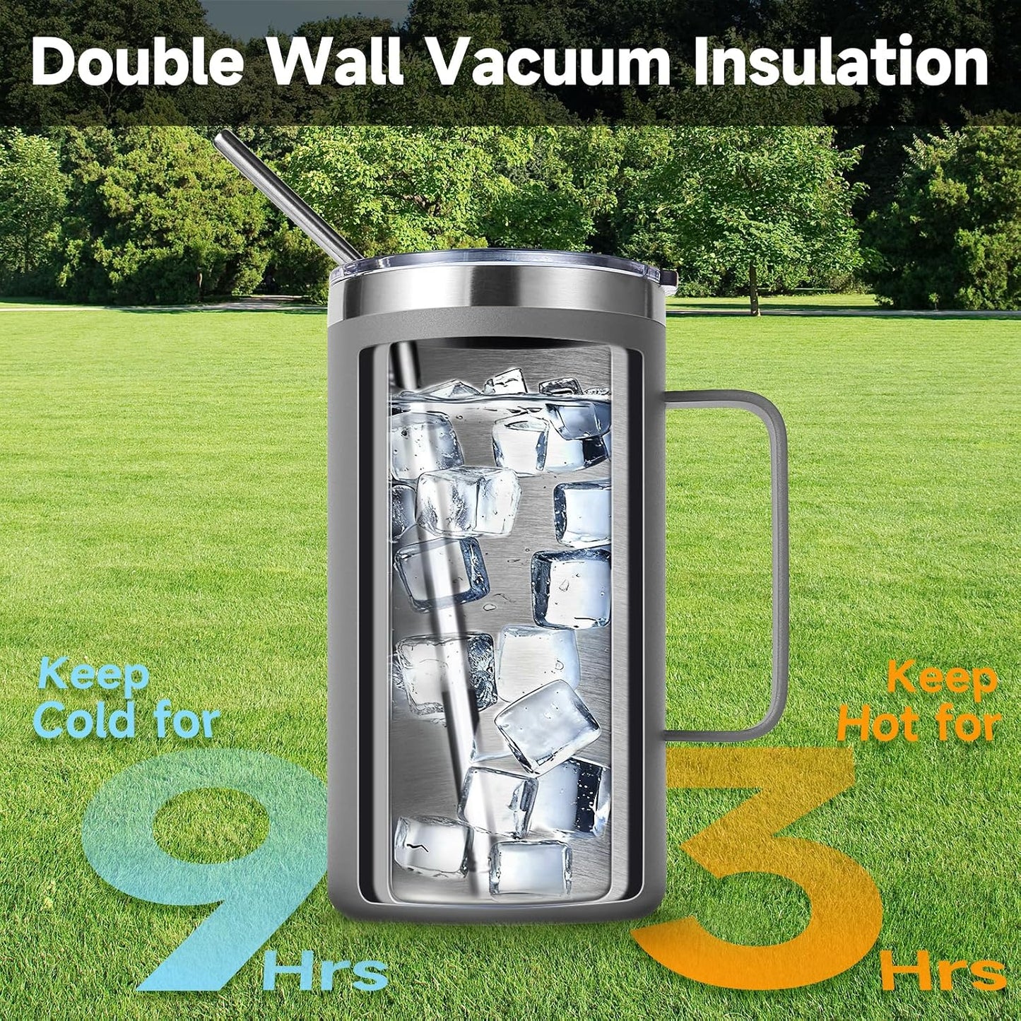 Volhoply 22oz Insulated Stainless Steel Coffee Mug with Leakproof Lid,Double Wall Vacuum Travel Coffee Cup with Handle,Reusable Metal Tumbler,Camping Mugs Keep Hot&Cold(Gray,1)