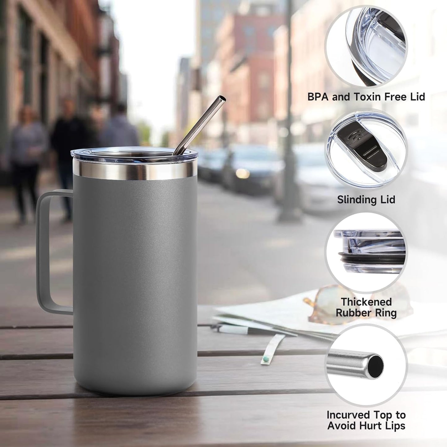 Volhoply 22oz Insulated Stainless Steel Coffee Mug with Leakproof Lid,Double Wall Vacuum Travel Coffee Cup with Handle,Reusable Metal Tumbler,Camping Mugs Keep Hot&Cold(Gray,1)