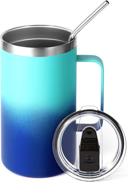Volhoply 22oz Insulated Stainless Steel Coffee Mug with Leakproof Lid,Double Wall Vacuum Travel Coffee Cup with Handle,Reusable Metal Tumbler,Camping Mugs Keep Hot&Cold(Gray,1)