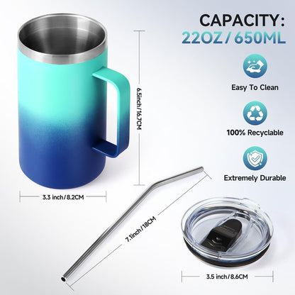 Volhoply 22oz Insulated Stainless Steel Coffee Mug with Leakproof Lid,Double Wall Vacuum Travel Coffee Cup with Handle,Reusable Metal Tumbler,Camping Mugs Keep Hot&Cold(Gray,1)