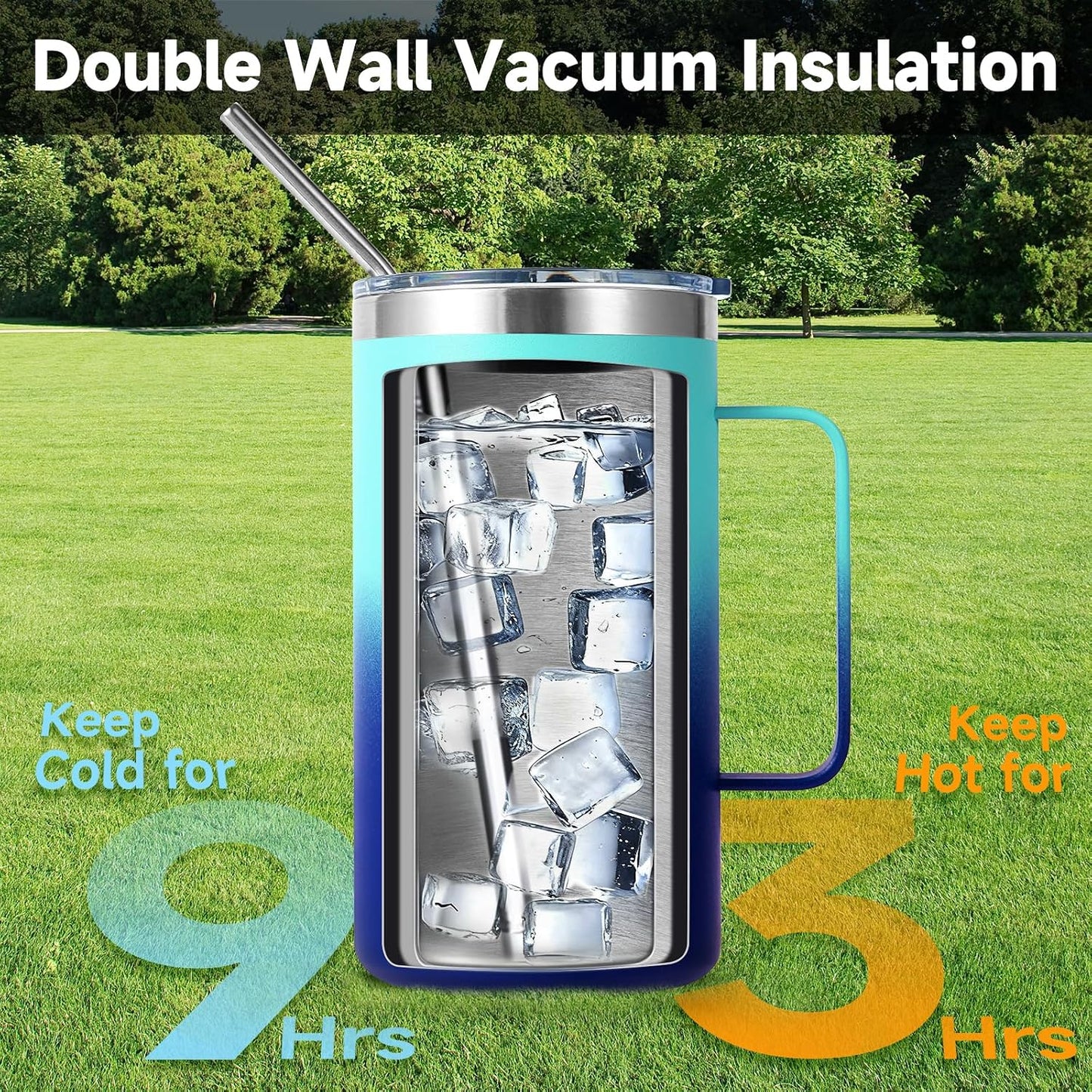 Volhoply 22oz Insulated Stainless Steel Coffee Mug with Leakproof Lid,Double Wall Vacuum Travel Coffee Cup with Handle,Reusable Metal Tumbler,Camping Mugs Keep Hot&Cold(Gray,1)