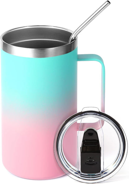 Volhoply 22oz Insulated Stainless Steel Coffee Mug with Leakproof Lid,Double Wall Vacuum Travel Coffee Cup with Handle,Reusable Metal Tumbler,Camping Mugs Keep Hot&Cold(Gray,1)