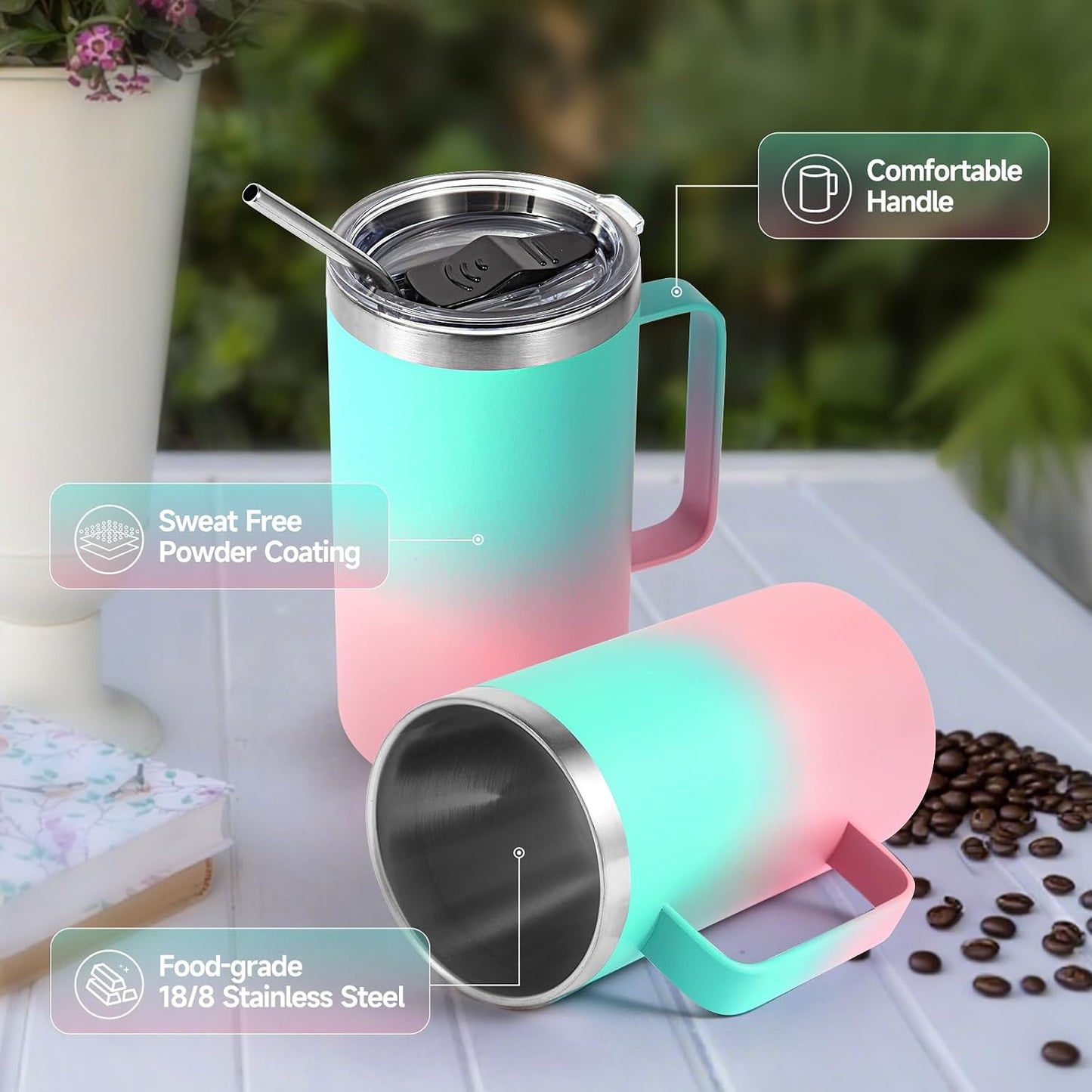 Volhoply 22oz Insulated Stainless Steel Coffee Mug with Leakproof Lid,Double Wall Vacuum Travel Coffee Cup with Handle,Reusable Metal Tumbler,Camping Mugs Keep Hot&Cold(Gray,1)