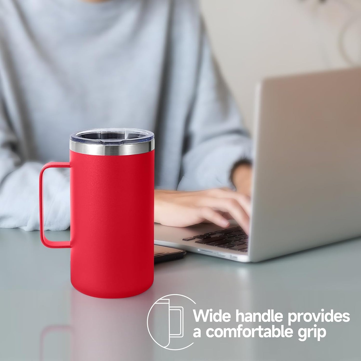 Volhoply 22oz Insulated Stainless Steel Coffee Mug with Leakproof Lid,Double Wall Vacuum Travel Coffee Cup with Handle,Reusable Metal Tumbler,Camping Mugs Keep Hot&Cold(Gray,1)