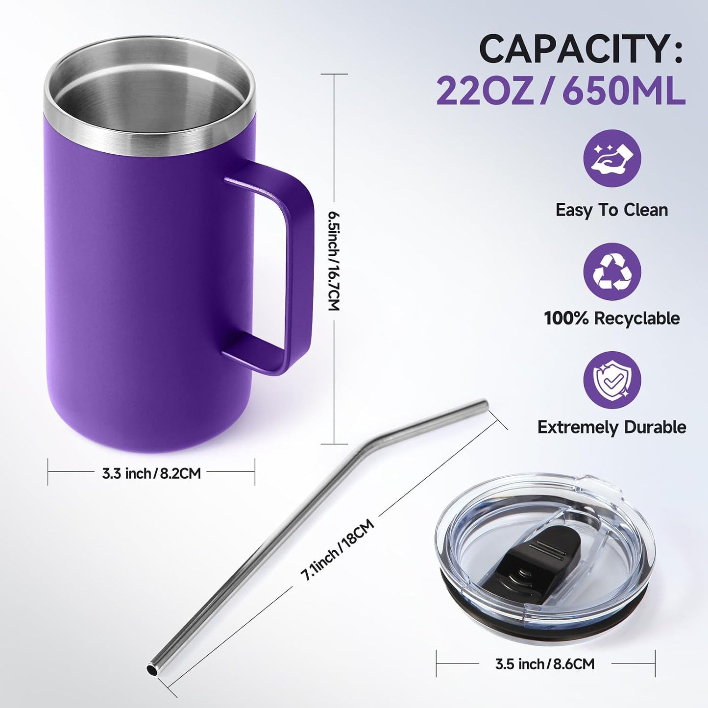 Volhoply 22oz Insulated Stainless Steel Coffee Mug with Leakproof Lid,Double Wall Vacuum Travel Coffee Cup with Handle,Reusable Metal Tumbler,Camping Mugs Keep Hot&Cold(Gray,1)