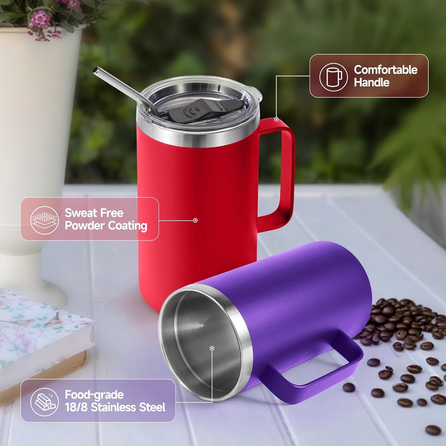 Volhoply 22oz Insulated Stainless Steel Coffee Mug with Leakproof Lid,Double Wall Vacuum Travel Coffee Cup with Handle,Reusable Metal Tumbler,Camping Mugs Keep Hot&Cold(Gray,1)