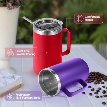 Volhoply 22oz Insulated Stainless Steel Coffee Mug with Leakproof Lid,Double Wall Vacuum Travel Coffee Cup with Handle,Reusable Metal Tumbler,Camping Mugs Keep Hot&Cold(Gray,1)