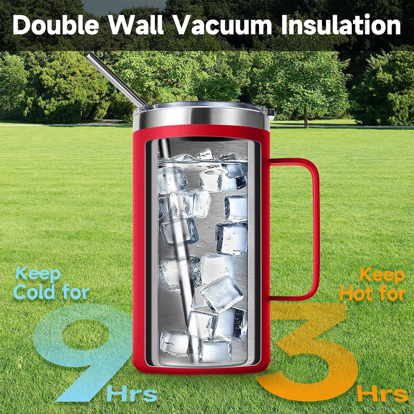 Volhoply 22oz Insulated Stainless Steel Coffee Mug with Leakproof Lid,Double Wall Vacuum Travel Coffee Cup with Handle,Reusable Metal Tumbler,Camping Mugs Keep Hot&Cold(Gray,1)