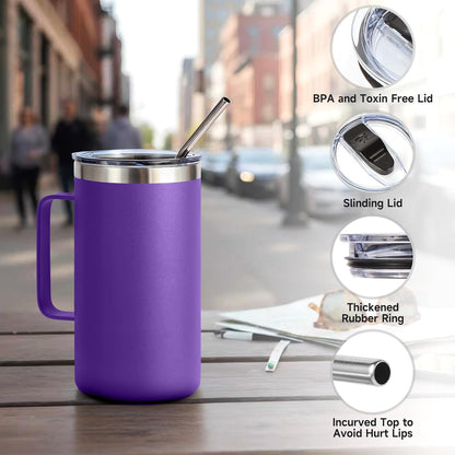 Volhoply 22oz Insulated Stainless Steel Coffee Mug with Leakproof Lid,Double Wall Vacuum Travel Coffee Cup with Handle,Reusable Metal Tumbler,Camping Mugs Keep Hot&Cold(Gray,1)