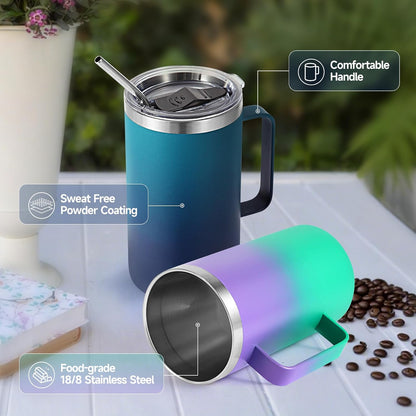 Volhoply 22oz Insulated Stainless Steel Coffee Mug with Leakproof Lid,Double Wall Vacuum Travel Coffee Cup with Handle,Reusable Metal Tumbler,Camping Mugs Keep Hot&Cold(Gray,1)
