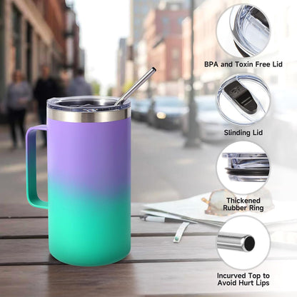Volhoply 22oz Insulated Stainless Steel Coffee Mug with Leakproof Lid,Double Wall Vacuum Travel Coffee Cup with Handle,Reusable Metal Tumbler,Camping Mugs Keep Hot&Cold(Gray,1)