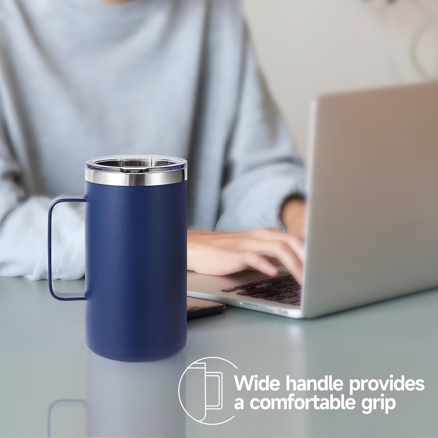 Volhoply 22oz Insulated Stainless Steel Coffee Mug with Leakproof Lid,Double Wall Vacuum Travel Coffee Cup with Handle,Reusable Metal Tumbler,Camping Mugs Keep Hot&Cold(Gray,1)