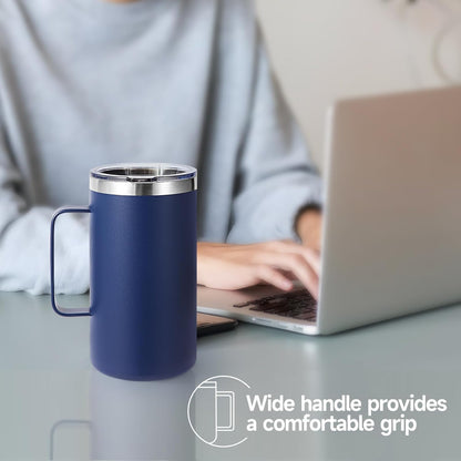 Volhoply 22oz Insulated Stainless Steel Coffee Mug with Leakproof Lid,Double Wall Vacuum Travel Coffee Cup with Handle,Reusable Metal Tumbler,Camping Mugs Keep Hot&Cold(Gray,1)