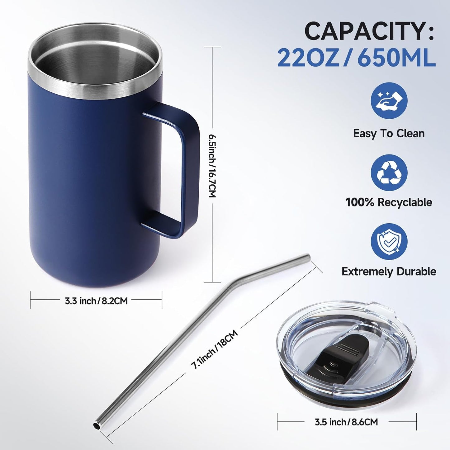 Volhoply 22oz Insulated Stainless Steel Coffee Mug with Leakproof Lid,Double Wall Vacuum Travel Coffee Cup with Handle,Reusable Metal Tumbler,Camping Mugs Keep Hot&Cold(Gray,1)