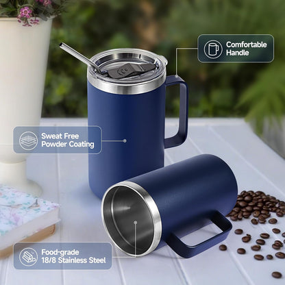 Volhoply 22oz Insulated Stainless Steel Coffee Mug with Leakproof Lid,Double Wall Vacuum Travel Coffee Cup with Handle,Reusable Metal Tumbler,Camping Mugs Keep Hot&Cold(Gray,1)