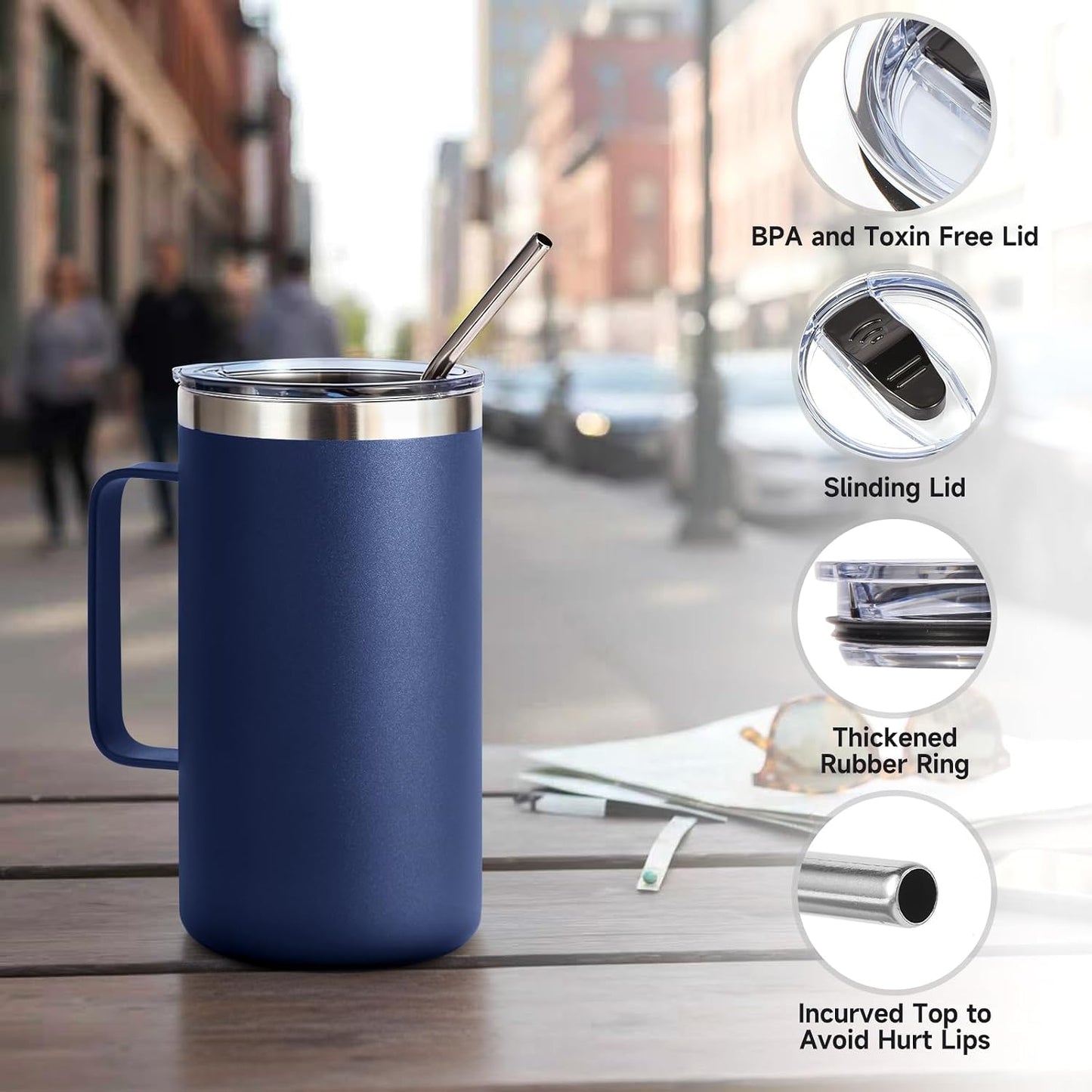 Volhoply 22oz Insulated Stainless Steel Coffee Mug with Leakproof Lid,Double Wall Vacuum Travel Coffee Cup with Handle,Reusable Metal Tumbler,Camping Mugs Keep Hot&Cold(Gray,1)