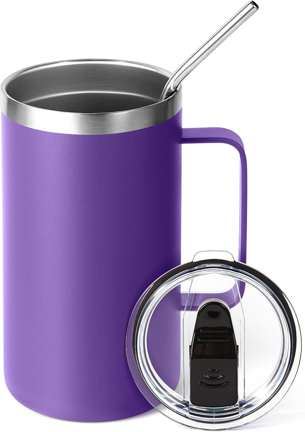 Volhoply 22oz Insulated Stainless Steel Coffee Mug with Leakproof Lid,Double Wall Vacuum Travel Coffee Cup with Handle,Reusable Metal Tumbler,Camping Mugs Keep Hot&Cold(Gray,1)