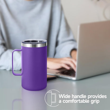 Volhoply 22oz Insulated Stainless Steel Coffee Mug with Leakproof Lid,Double Wall Vacuum Travel Coffee Cup with Handle,Reusable Metal Tumbler,Camping Mugs Keep Hot&Cold(Gray,1)