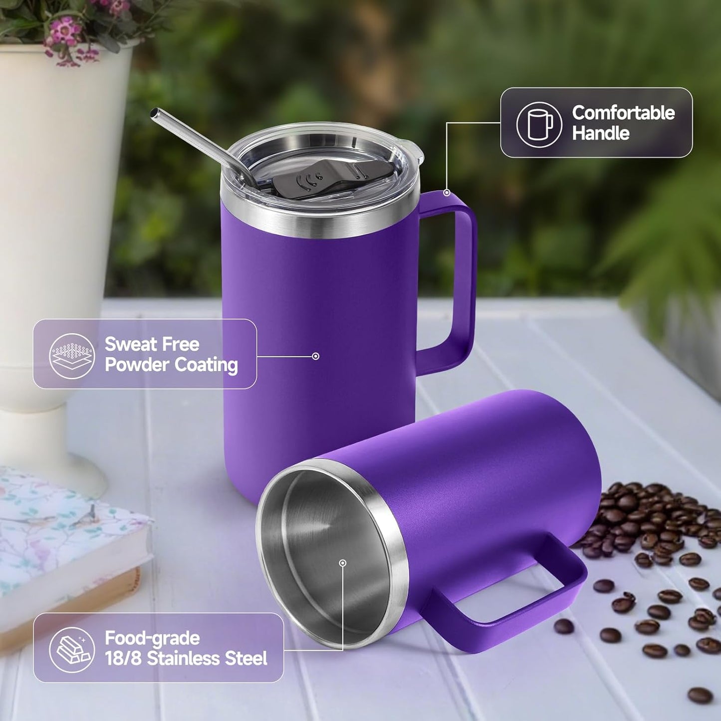 Volhoply 22oz Insulated Stainless Steel Coffee Mug with Leakproof Lid,Double Wall Vacuum Travel Coffee Cup with Handle,Reusable Metal Tumbler,Camping Mugs Keep Hot&Cold(Gray,1)