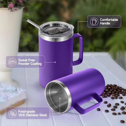 Volhoply 22oz Insulated Stainless Steel Coffee Mug with Leakproof Lid,Double Wall Vacuum Travel Coffee Cup with Handle,Reusable Metal Tumbler,Camping Mugs Keep Hot&Cold(Gray,1)