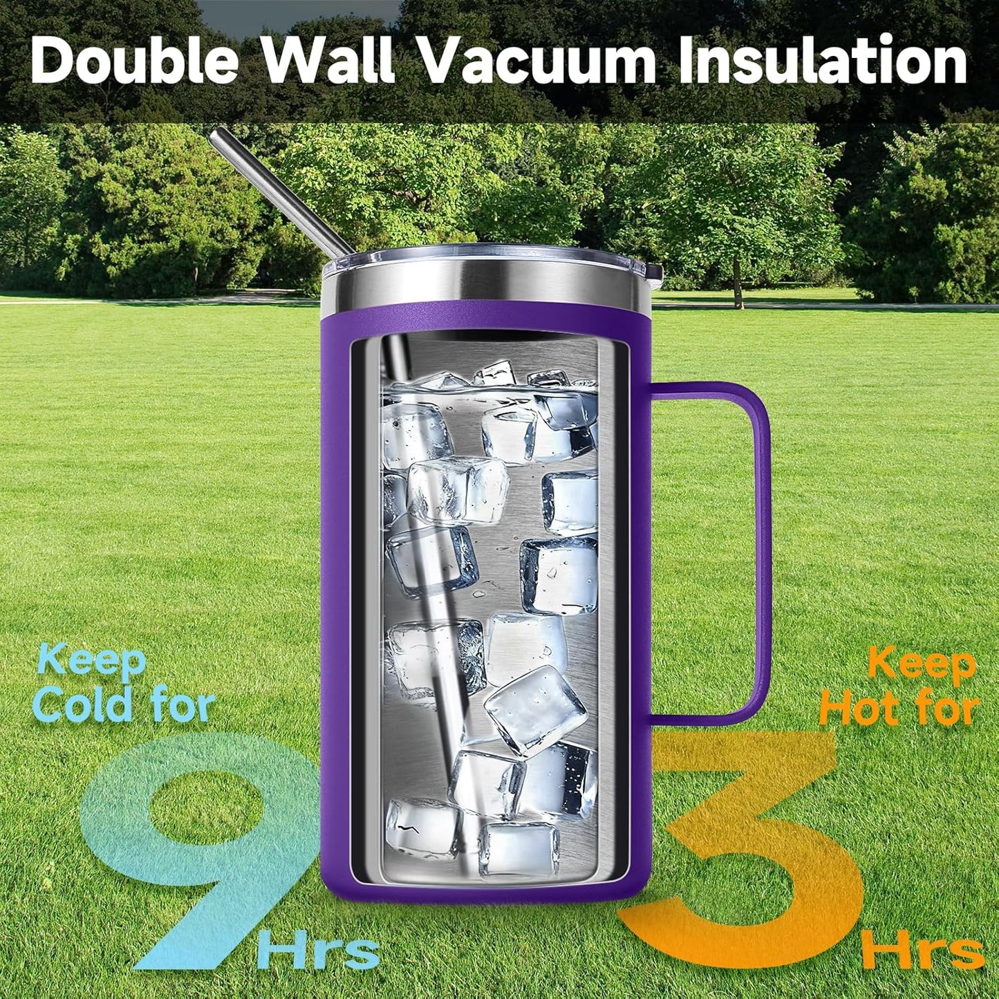 Volhoply 22oz Insulated Stainless Steel Coffee Mug with Leakproof Lid,Double Wall Vacuum Travel Coffee Cup with Handle,Reusable Metal Tumbler,Camping Mugs Keep Hot&Cold(Gray,1)