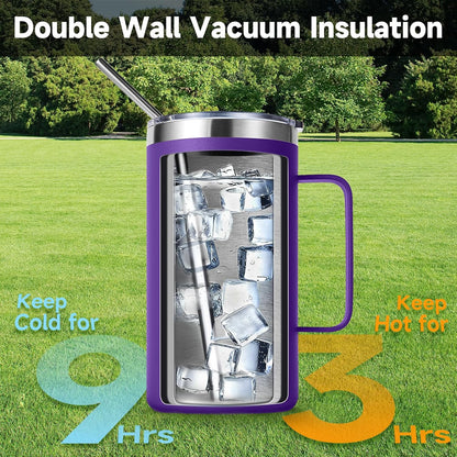 Volhoply 22oz Insulated Stainless Steel Coffee Mug with Leakproof Lid,Double Wall Vacuum Travel Coffee Cup with Handle,Reusable Metal Tumbler,Camping Mugs Keep Hot&Cold(Gray,1)