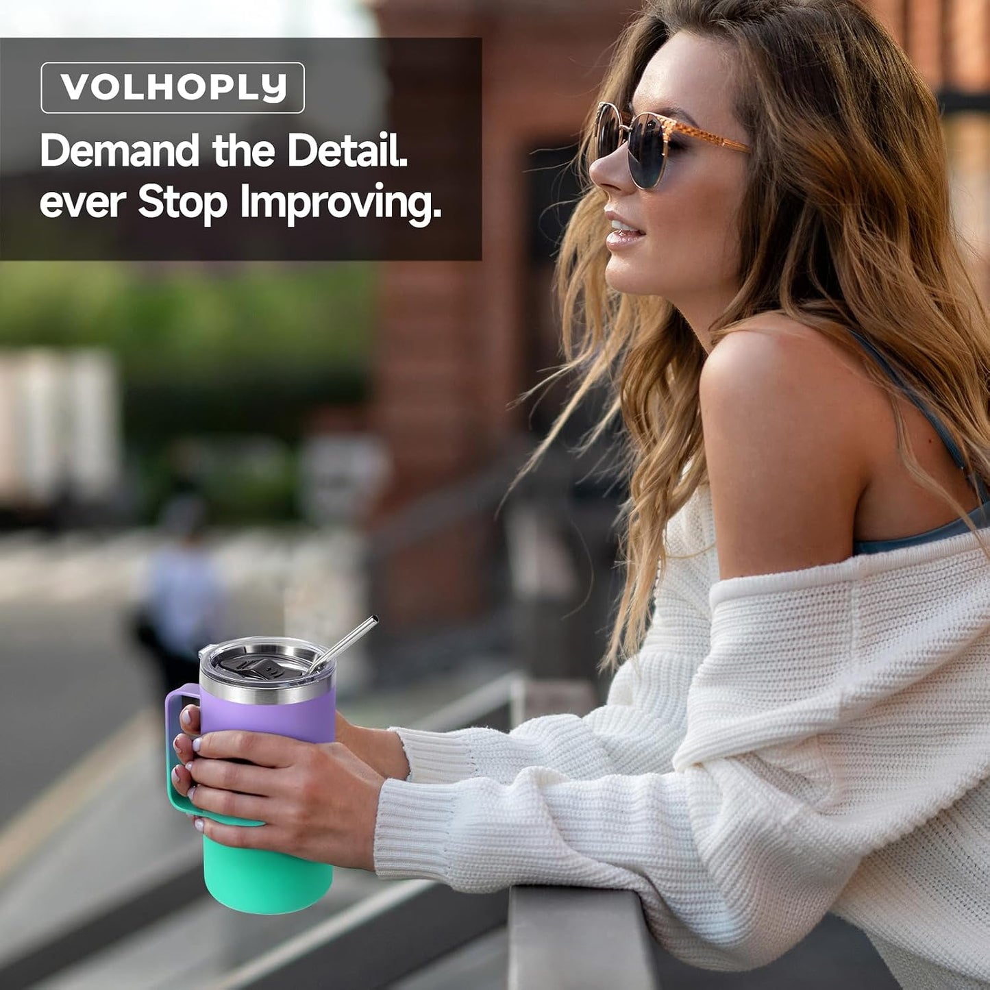 Volhoply 22oz Insulated Stainless Steel Coffee Mug with Leakproof Lid,Double Wall Vacuum Travel Coffee Cup with Handle,Reusable Metal Tumbler,Camping Mugs Keep Hot&Cold(Gray,1)