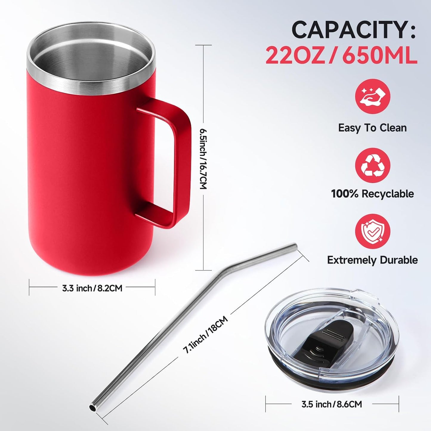 Volhoply 22oz Insulated Stainless Steel Coffee Mug with Leakproof Lid,Double Wall Vacuum Travel Coffee Cup with Handle,Reusable Metal Tumbler,Camping Mugs Keep Hot&Cold(Gray,1)