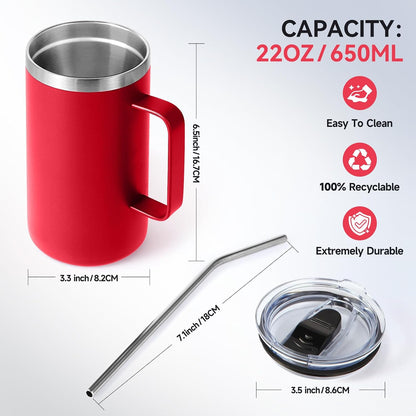 Volhoply 22oz Insulated Stainless Steel Coffee Mug with Leakproof Lid,Double Wall Vacuum Travel Coffee Cup with Handle,Reusable Metal Tumbler,Camping Mugs Keep Hot&Cold(Gray,1)