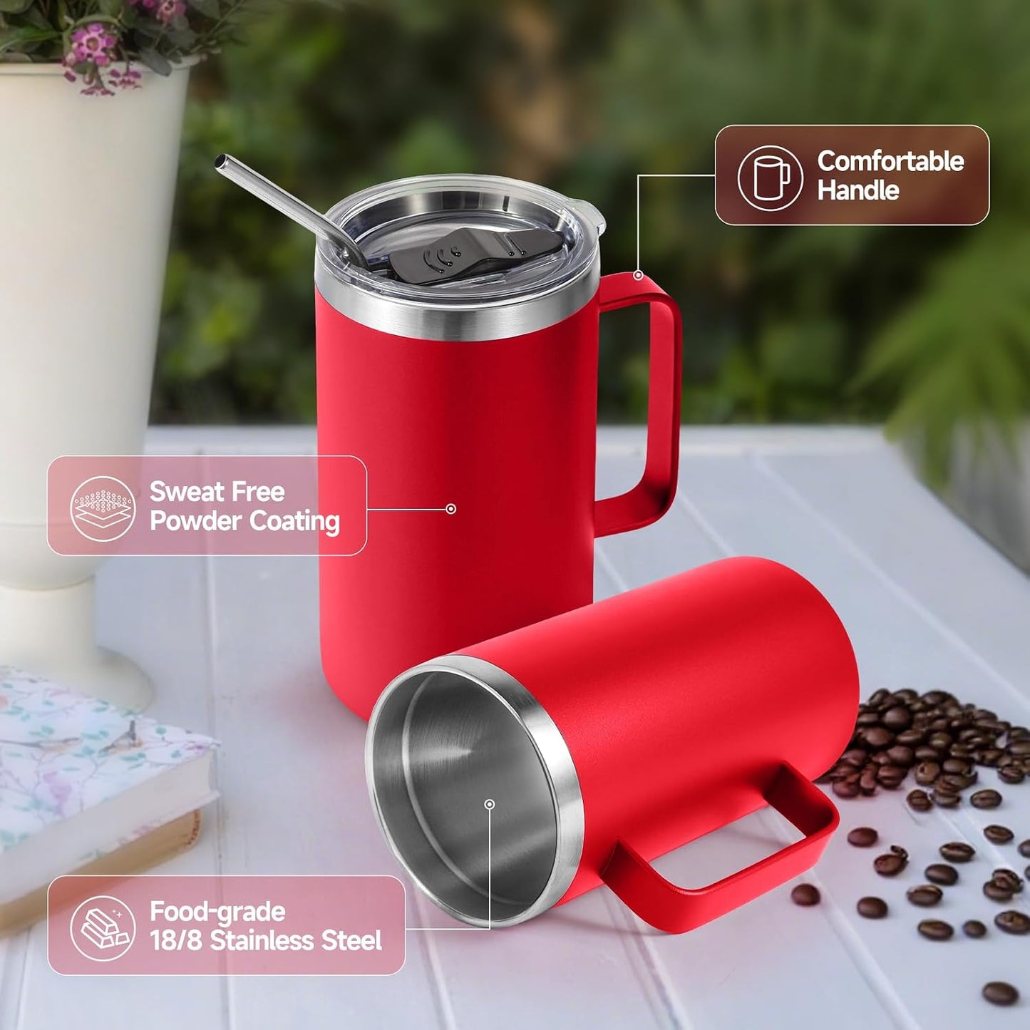 Volhoply 22oz Insulated Stainless Steel Coffee Mug with Leakproof Lid,Double Wall Vacuum Travel Coffee Cup with Handle,Reusable Metal Tumbler,Camping Mugs Keep Hot&Cold(Gray,1)