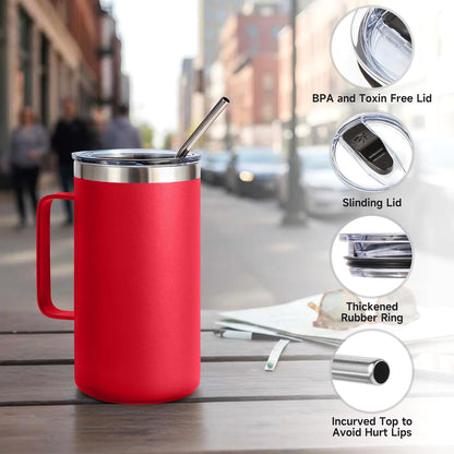 Volhoply 22oz Insulated Stainless Steel Coffee Mug with Leakproof Lid,Double Wall Vacuum Travel Coffee Cup with Handle,Reusable Metal Tumbler,Camping Mugs Keep Hot&Cold(Gray,1)