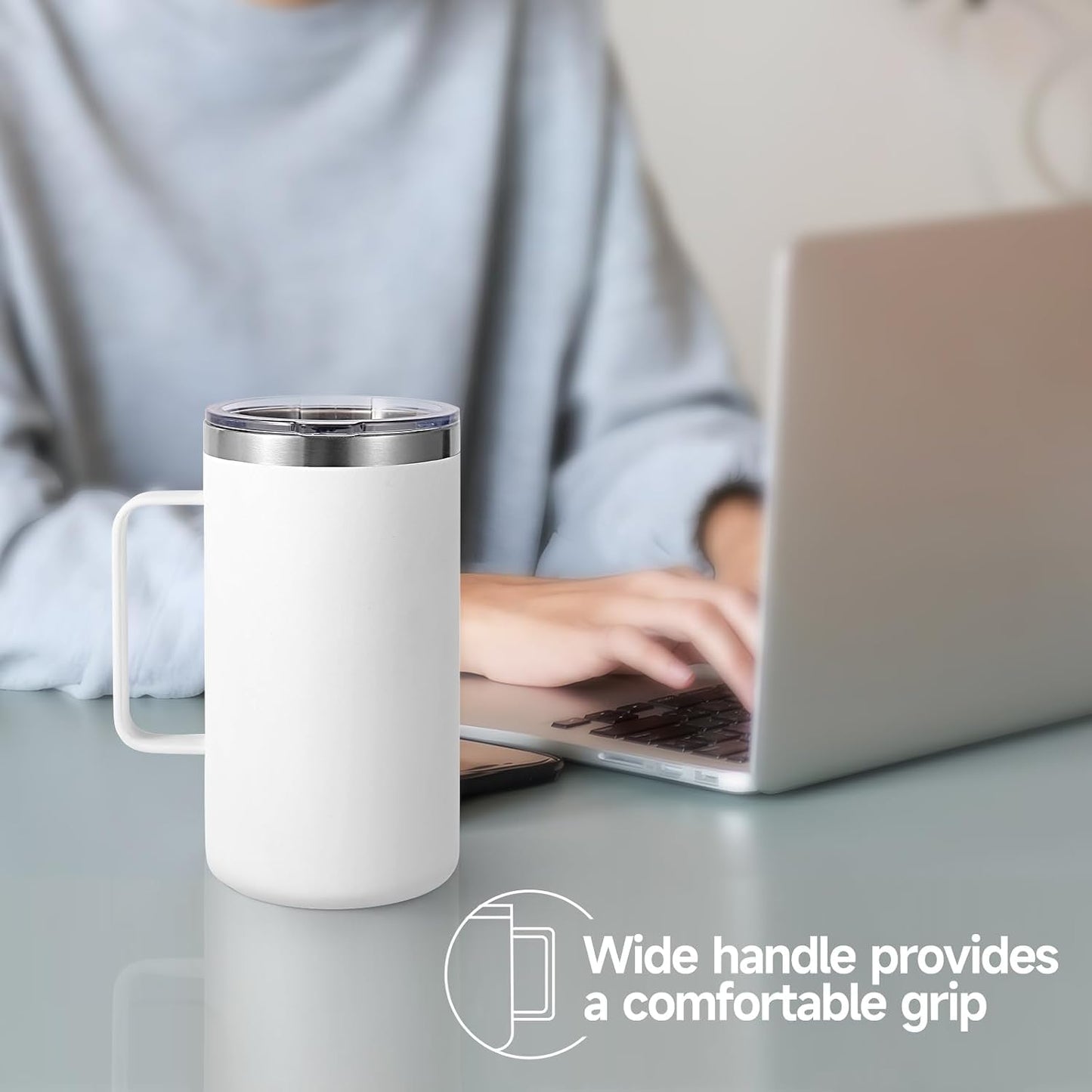 Volhoply 22oz Insulated Stainless Steel Coffee Mug with Leakproof Lid,Double Wall Vacuum Travel Coffee Cup with Handle,Reusable Metal Tumbler,Camping Mugs Keep Hot&Cold(Gray,1)