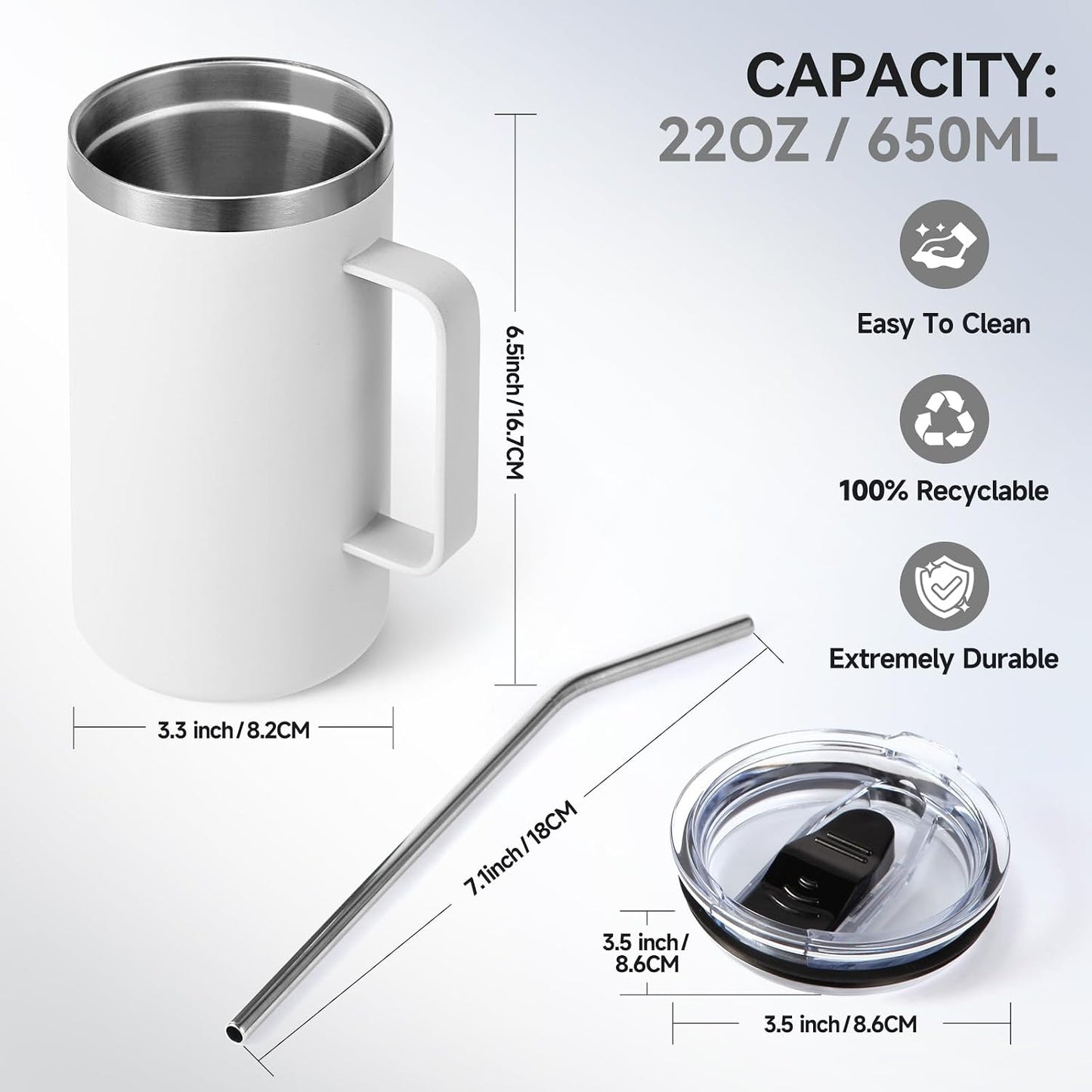 Volhoply 22oz Insulated Stainless Steel Coffee Mug with Leakproof Lid,Double Wall Vacuum Travel Coffee Cup with Handle,Reusable Metal Tumbler,Camping Mugs Keep Hot&Cold(Gray,1)