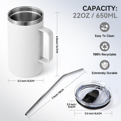 Volhoply 22oz Insulated Stainless Steel Coffee Mug with Leakproof Lid,Double Wall Vacuum Travel Coffee Cup with Handle,Reusable Metal Tumbler,Camping Mugs Keep Hot&Cold(Gray,1)