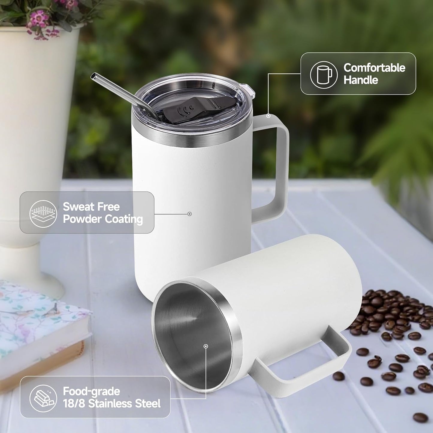 Volhoply 22oz Insulated Stainless Steel Coffee Mug with Leakproof Lid,Double Wall Vacuum Travel Coffee Cup with Handle,Reusable Metal Tumbler,Camping Mugs Keep Hot&Cold(Gray,1)