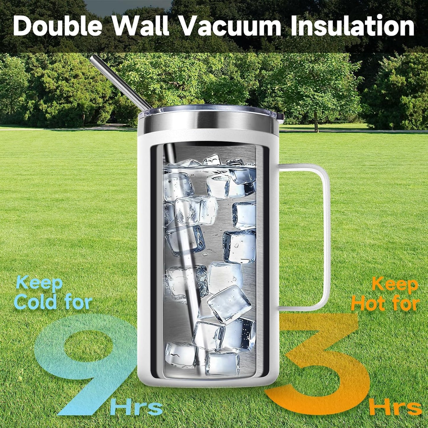 Volhoply 22oz Insulated Stainless Steel Coffee Mug with Leakproof Lid,Double Wall Vacuum Travel Coffee Cup with Handle,Reusable Metal Tumbler,Camping Mugs Keep Hot&Cold(Gray,1)