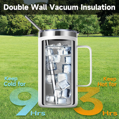 Volhoply 22oz Insulated Stainless Steel Coffee Mug with Leakproof Lid,Double Wall Vacuum Travel Coffee Cup with Handle,Reusable Metal Tumbler,Camping Mugs Keep Hot&Cold(Gray,1)