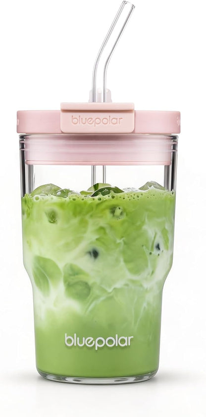 Iced Coffee Glasses with Lids and Straws,Car Cup Holder Friendly, Leakproof Portable Tumblers for Cold Brew, Juice & Smoothie, Ideal for Travel, Office & Gym, BPA-Free (16oz-Pink)