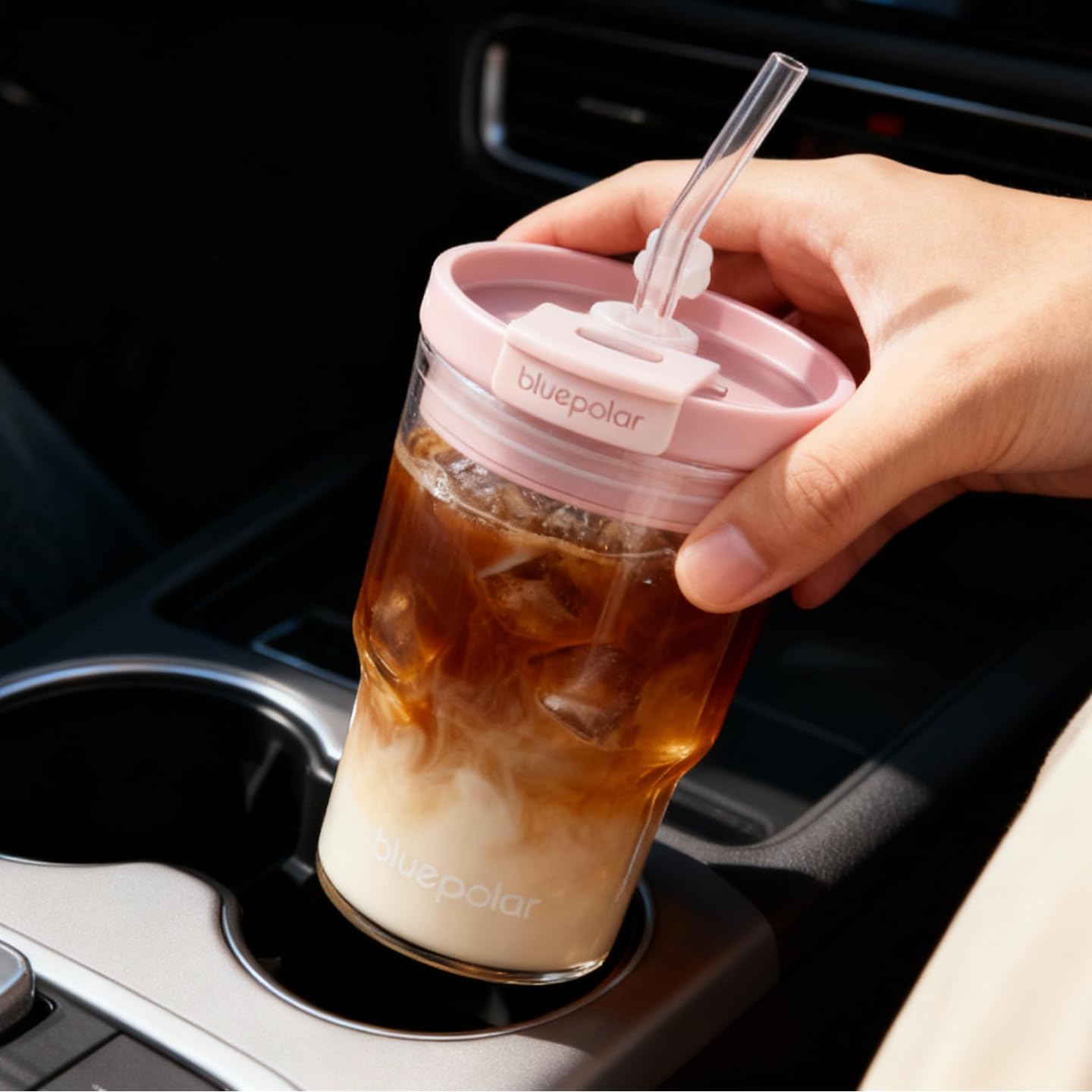 Iced Coffee Glasses with Lids and Straws,Car Cup Holder Friendly, Leakproof Portable Tumblers for Cold Brew, Juice & Smoothie, Ideal for Travel, Office & Gym, BPA-Free (16oz-Pink)