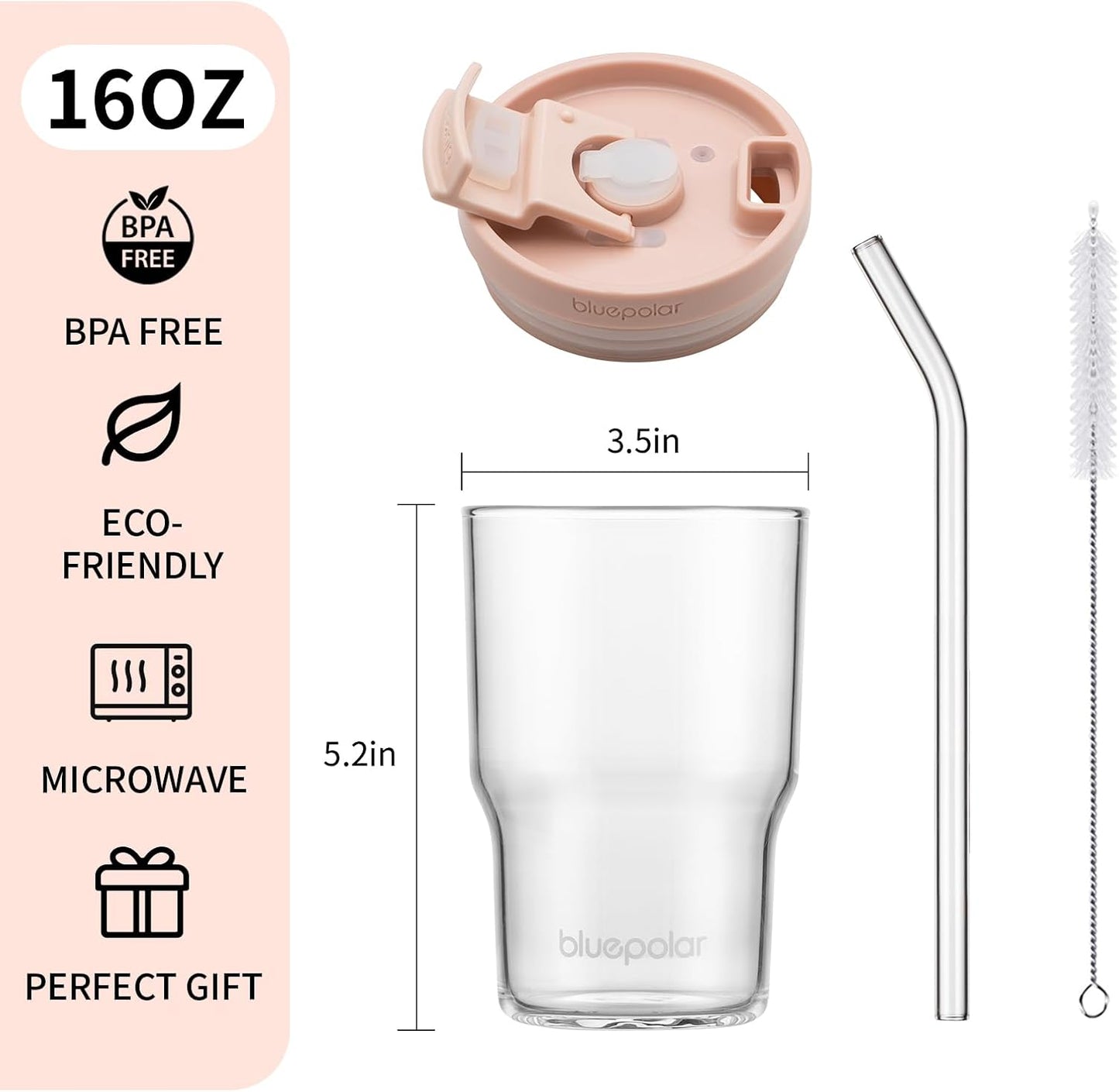 Iced Coffee Glasses with Lids and Straws,Car Cup Holder Friendly, Leakproof Portable Tumblers for Cold Brew, Juice & Smoothie, Ideal for Travel, Office & Gym, BPA-Free (16oz-Pink)
